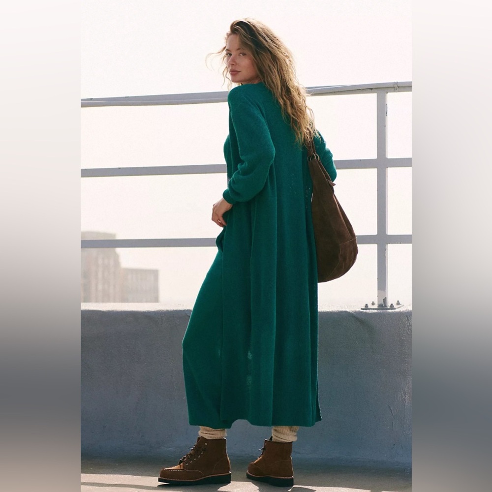 NWT Free People Livimg in This Sweater Long Teal Cardigan Size XS - Picture 2 of 9